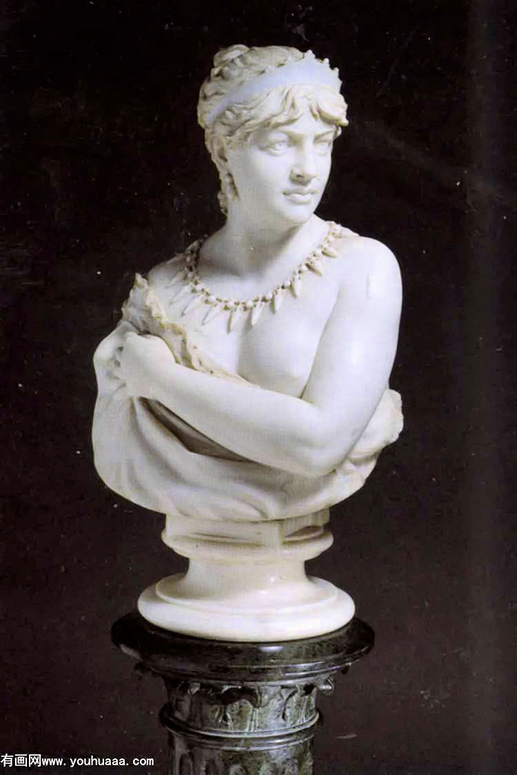 etruscan woman white marble on a green marble column