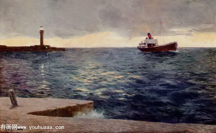 a steamer at trieste lighthouse, dusk