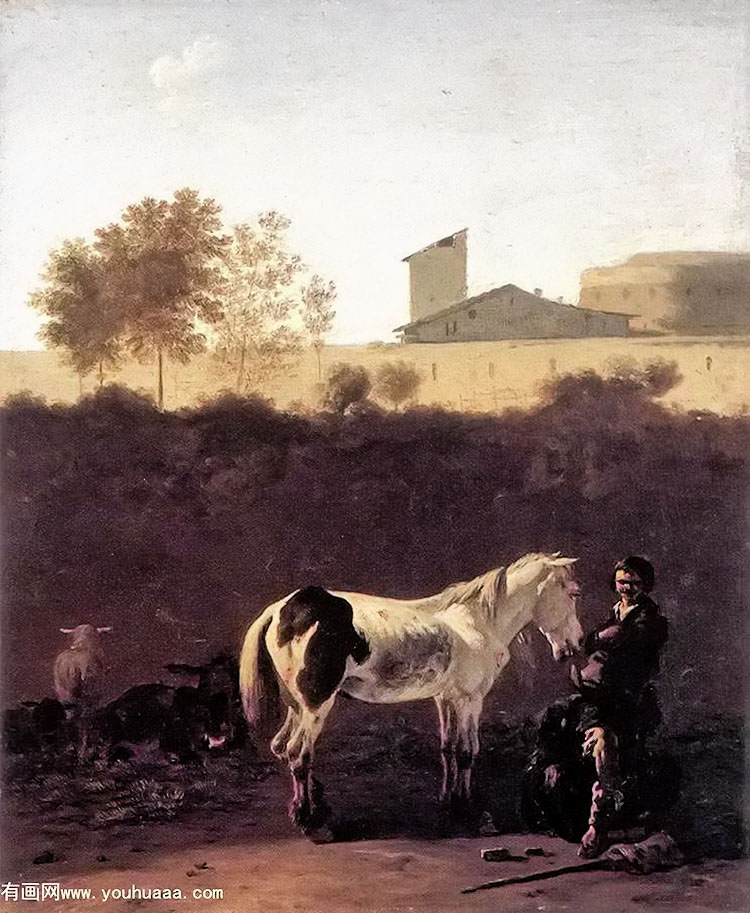 italian landscape with herdsman and a piebald horse