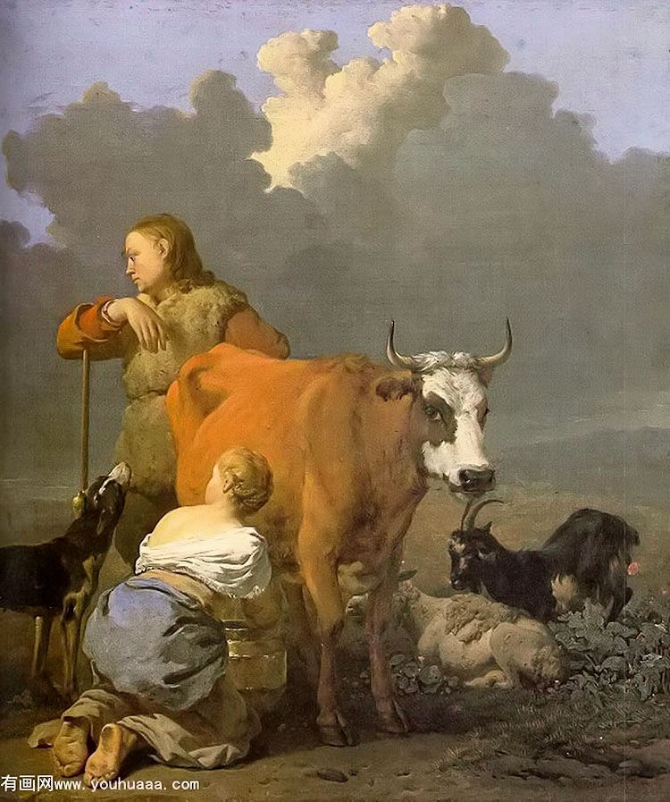 woman milking a red cow