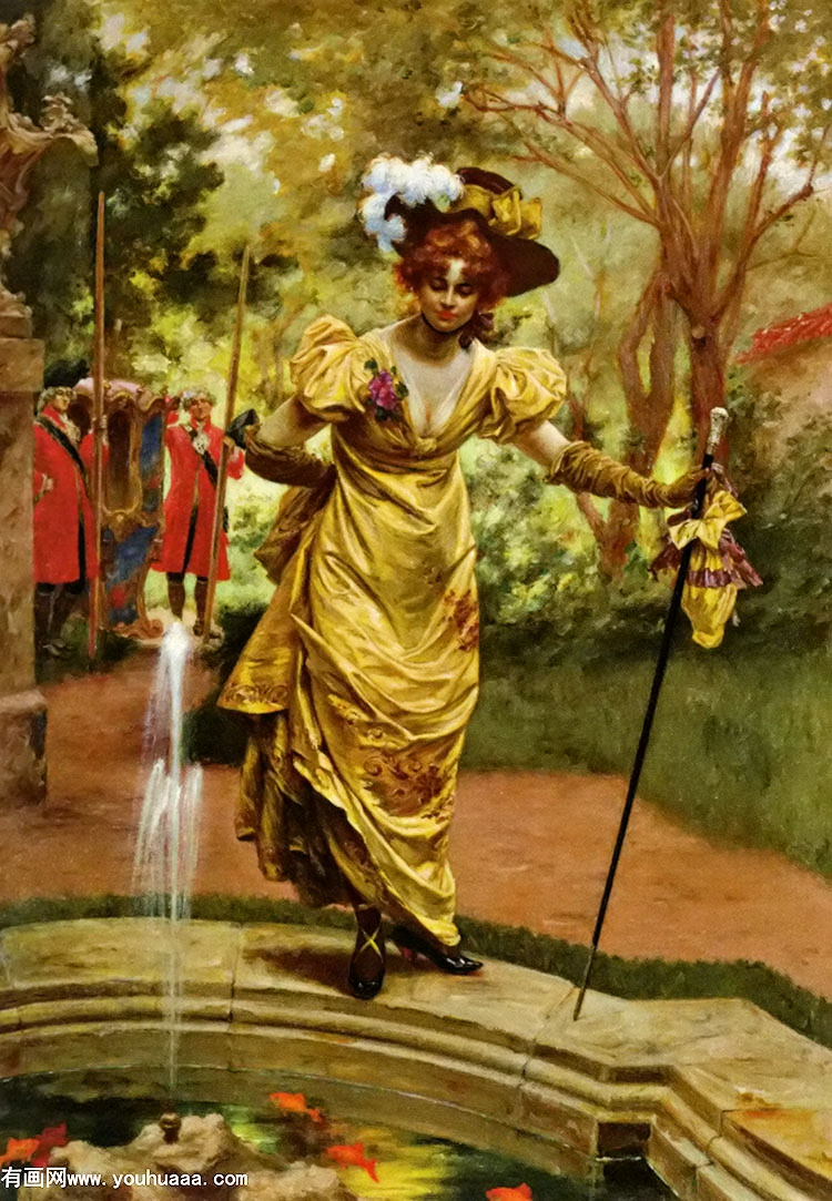 an elegant lady by a goldfish pond