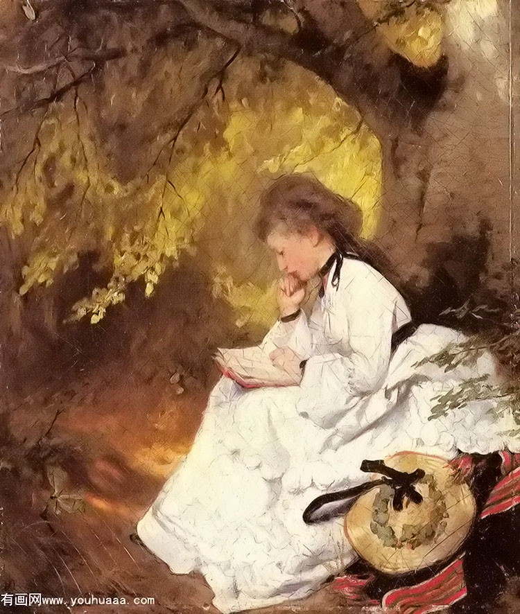 an elegant lady reading under a tree