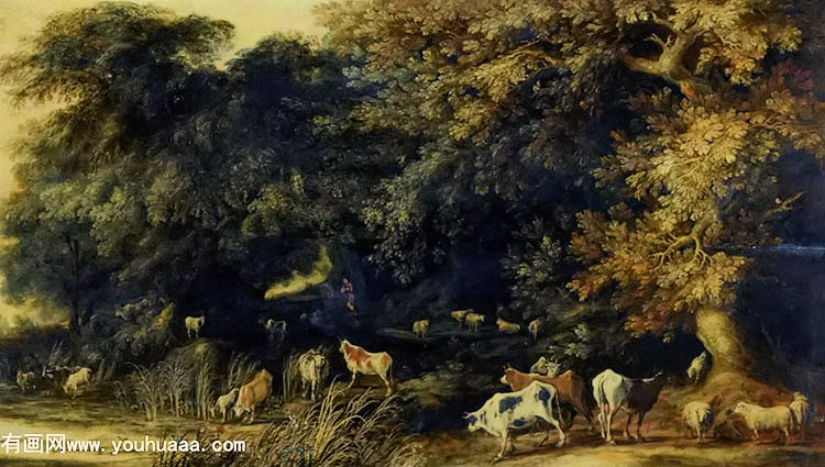 A Wooded Landscape with animals Drinking at a Stream