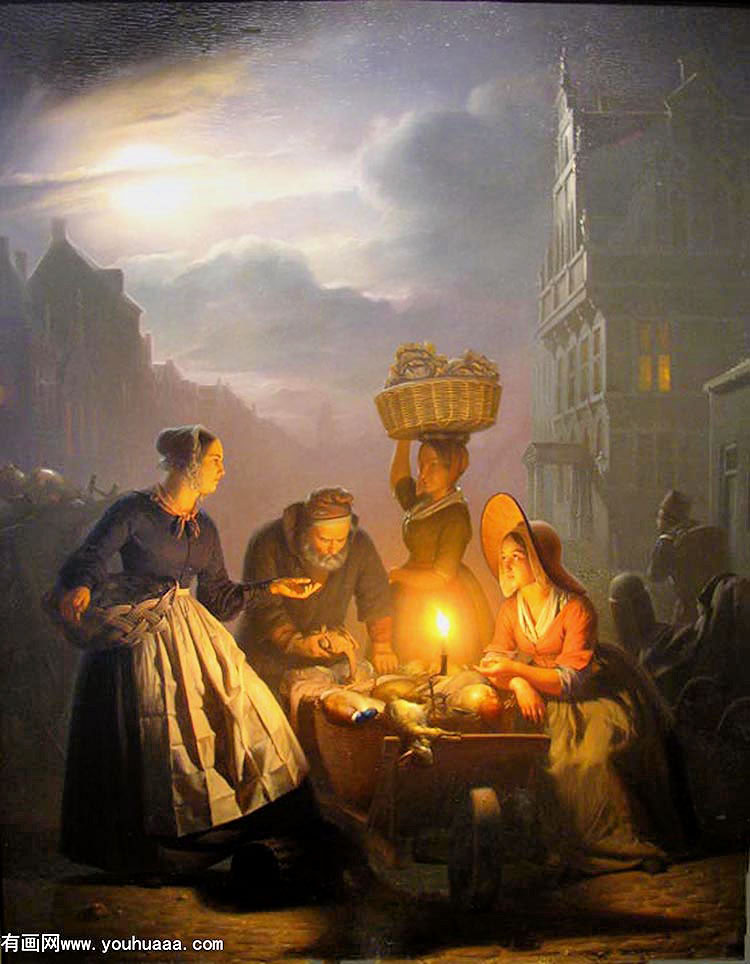 a market scene by moonlight