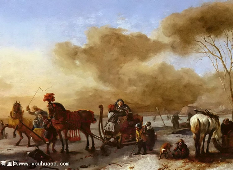 a winter landscape with horse drawn sleds