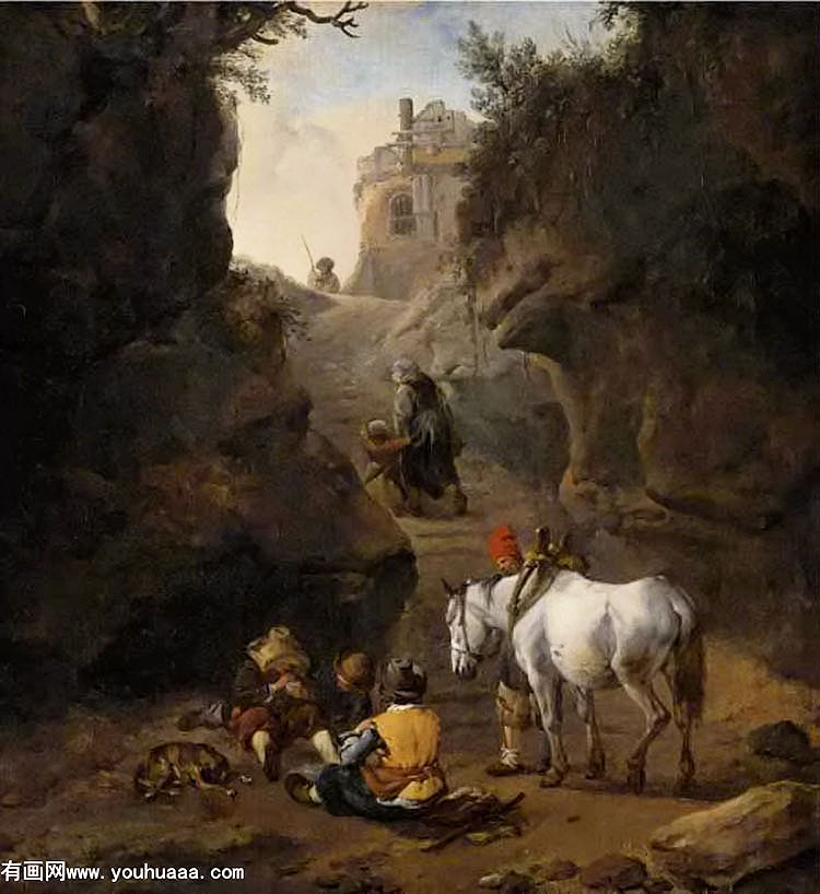 peasants playing cards by a white horse in a rocky gully