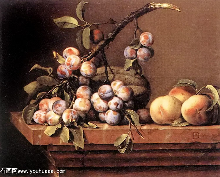 plums and peaches on a table