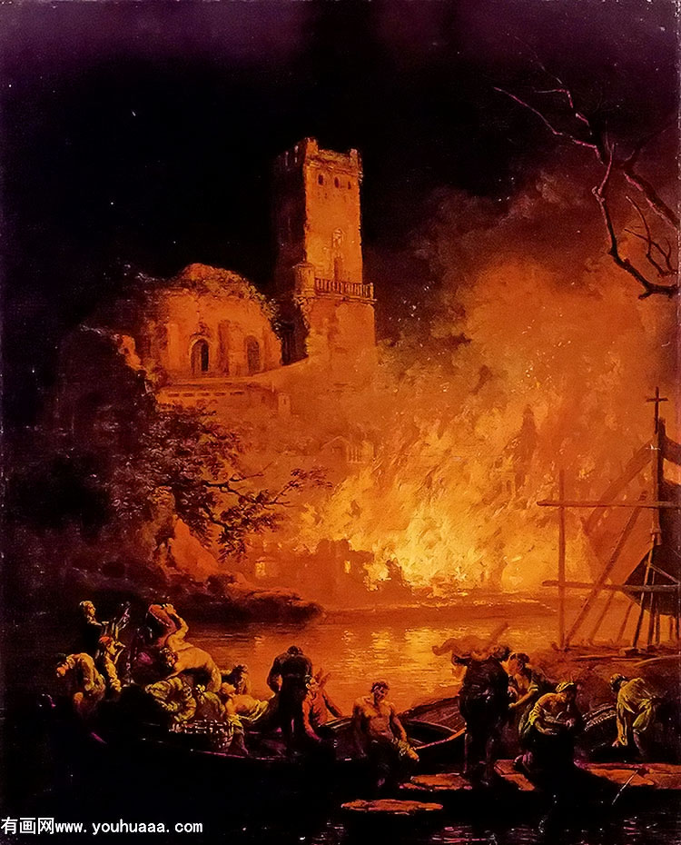 a river landscape with figures fleeing a burning city