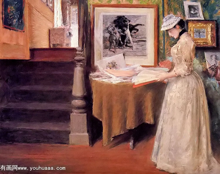 interior, young woman at a table