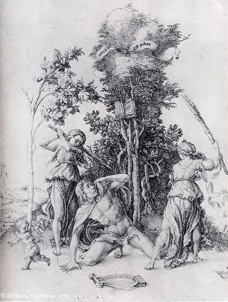 orpheus slain by bacchantes, with a boy running away