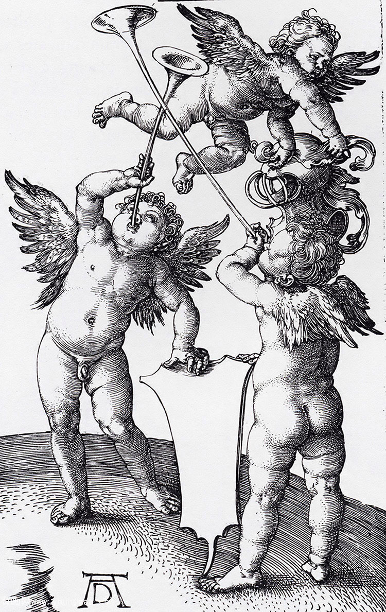 three putti with shield and helmet