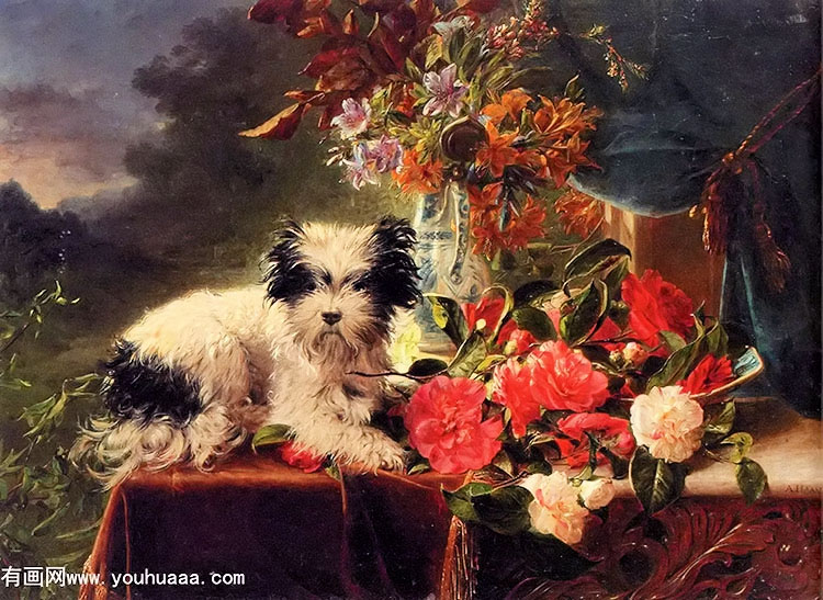 camellias and a terrier on a console