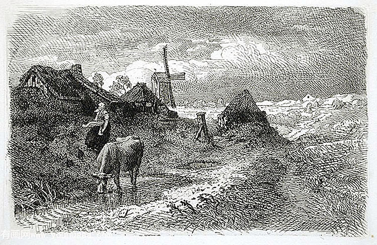 dutch landscape with woman and cow