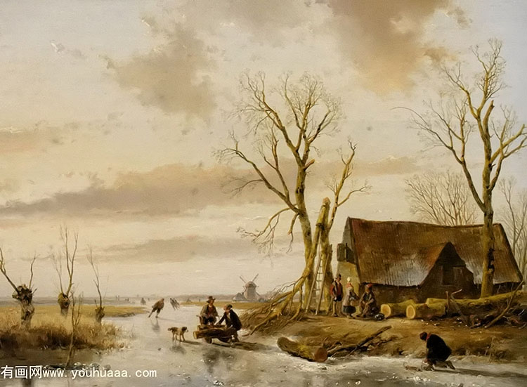 a winter landsape with skaters on a frozen river