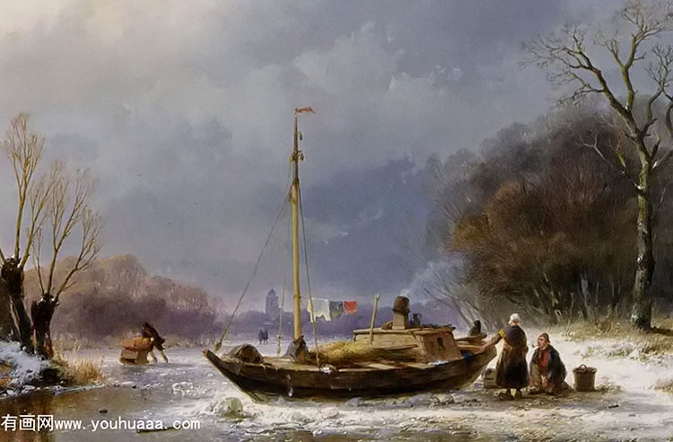 a wintry scene with figures near a boat on the ice