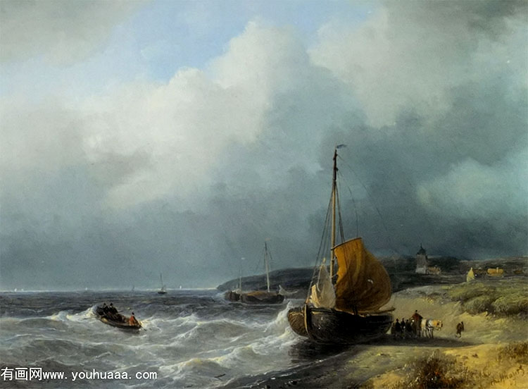 fisherfolk by a beached bomschuit