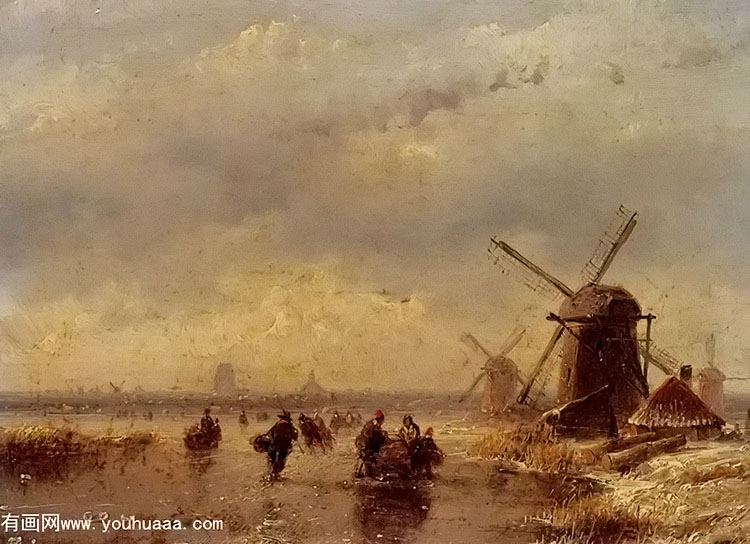 frozen winter landscape with windmills