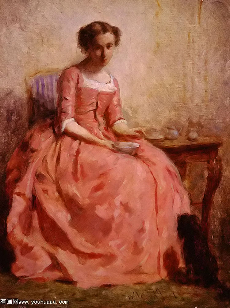 girl in a pink dress reading, with a dog