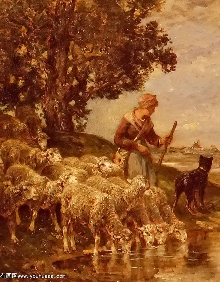 a shepherdess watering her flock