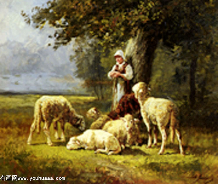 a shepherdess with her flock in a woodland clearing