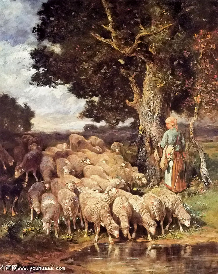 a shepherdess with her flock near a stream