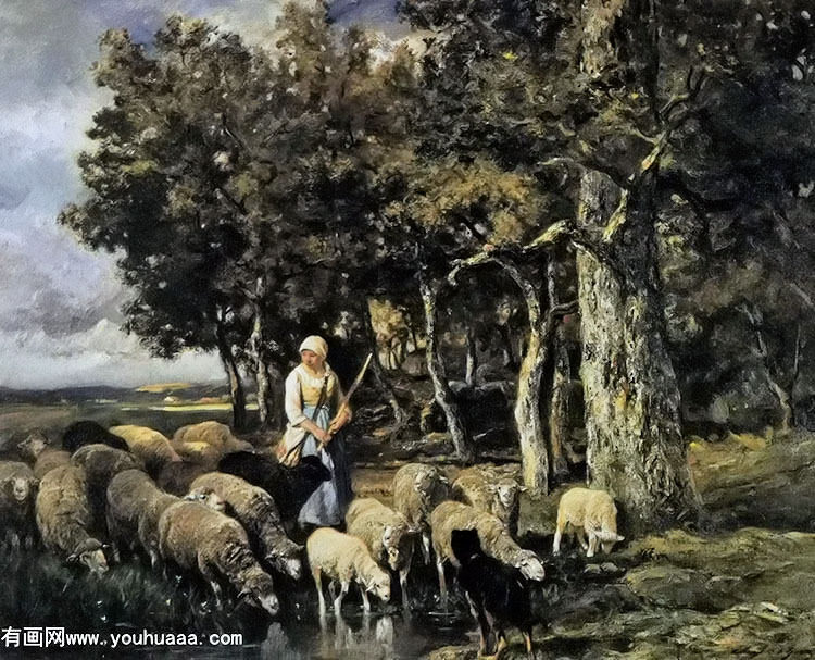 shepherdess watering her flock at a woodland pond