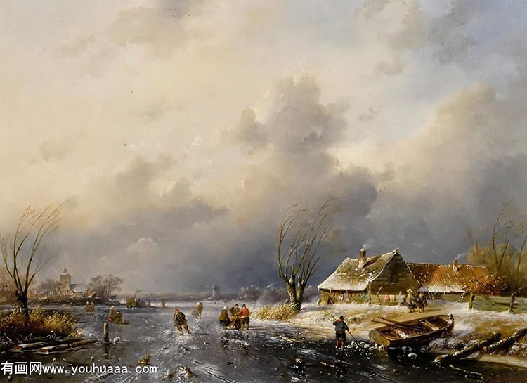 a frozen waterway with skaters by a cottage