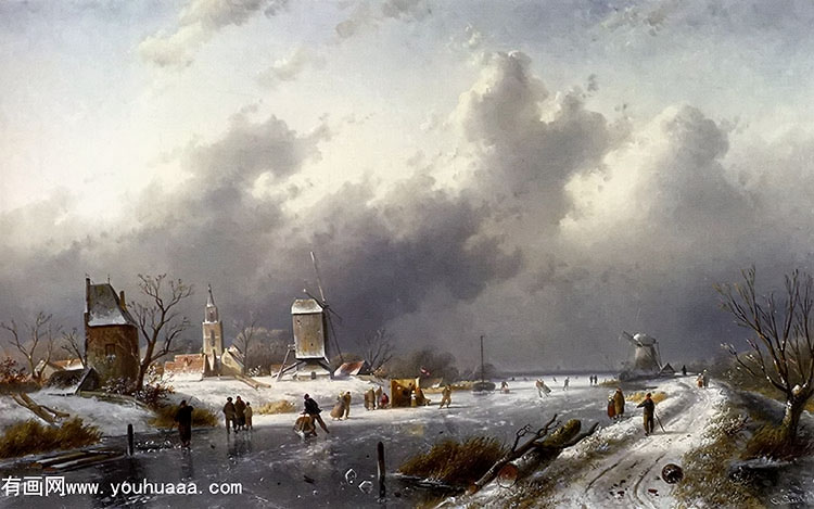 a frozen winter landscape with skaters