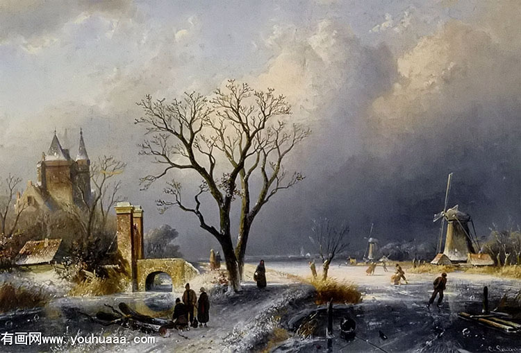 a winter landscape with figures near a castle