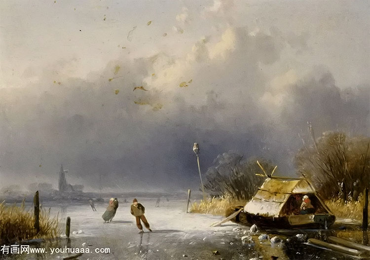 a winter landscape with figures on the ice