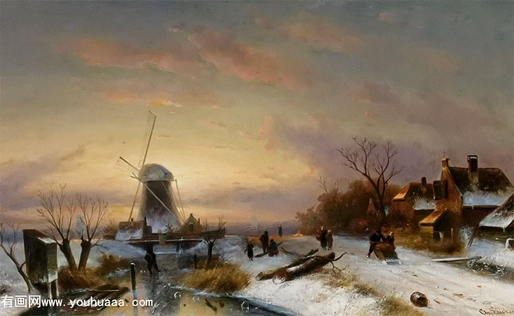 a winter landscape with skaters on ice