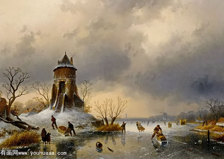 a winter landscape with skaters on the ice