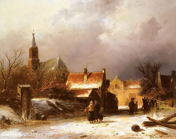 figures on a snow covered path with a dutch town beyond