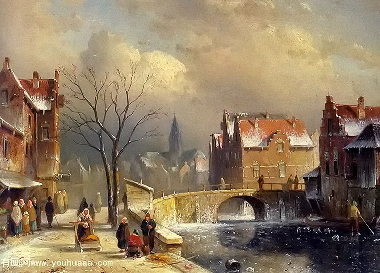 winter villagers on a snowy street by a canal