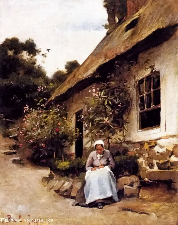 woman sewing in front of her cottage