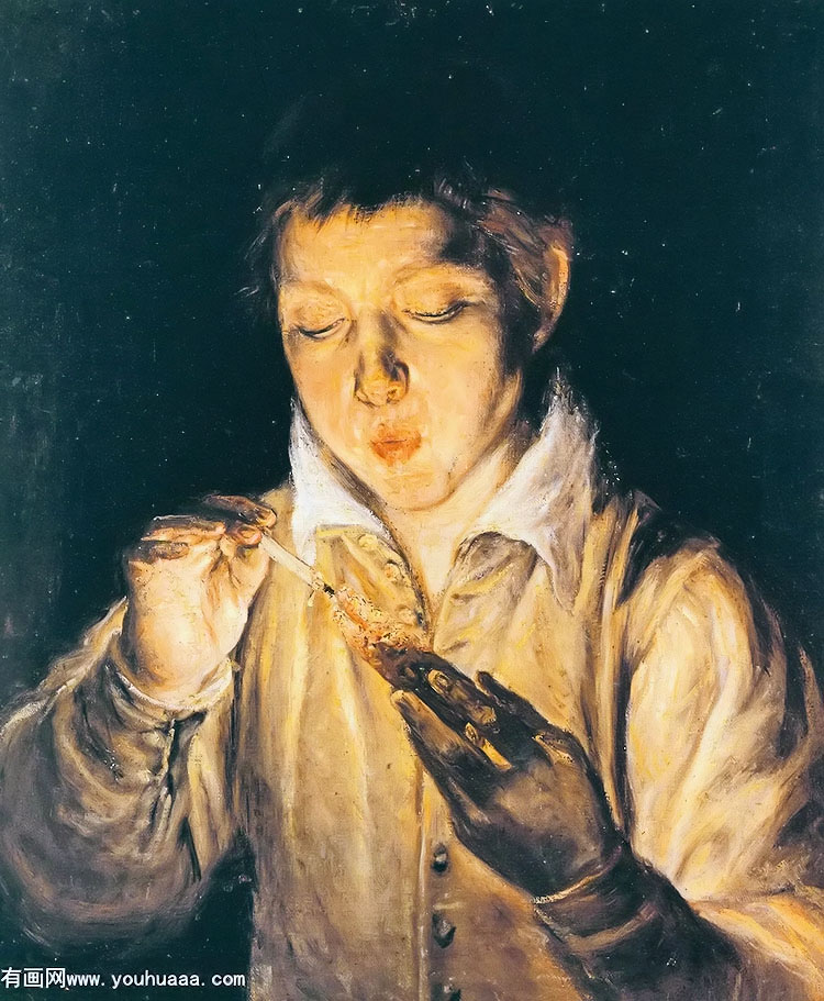 a boy blowing on an ember to linht a candle rarly