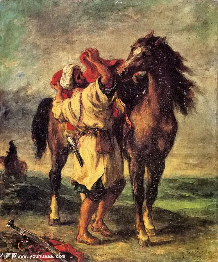 a moroccan saddling a horse