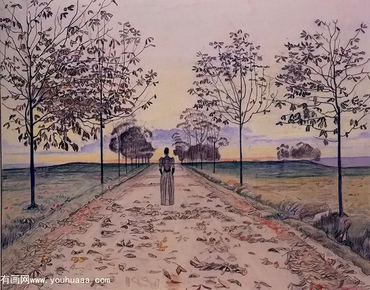 autumn evening 1893 pencil watercolor on beige grid paper