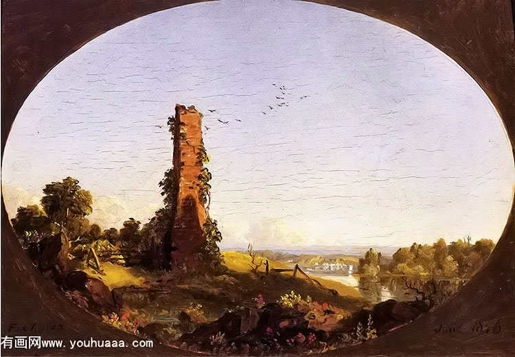 new england landscape with ruined chimney