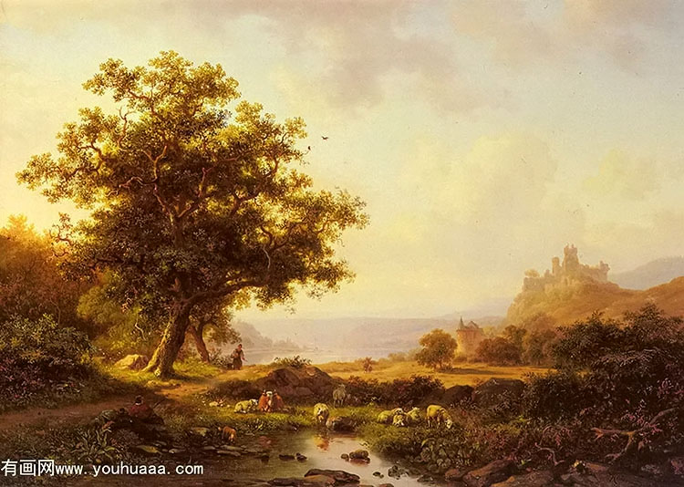 an extensive river landscape with a castle on a hill beyond