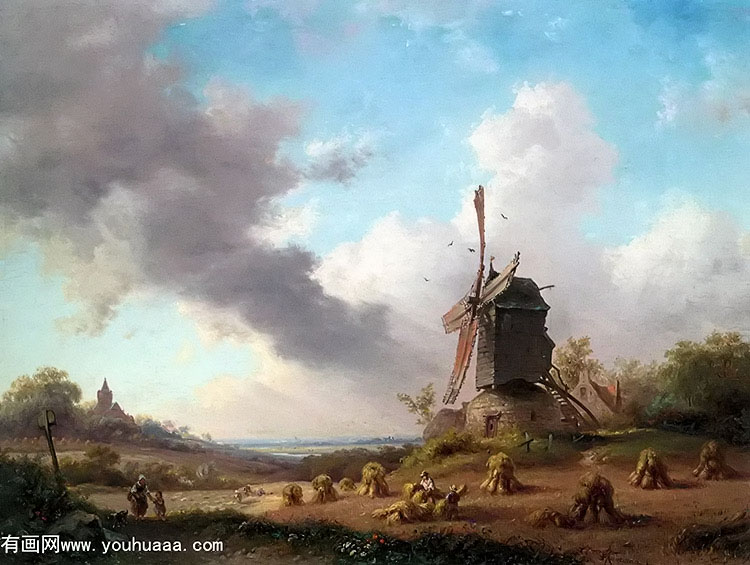 summer landscape with harvesting farmers