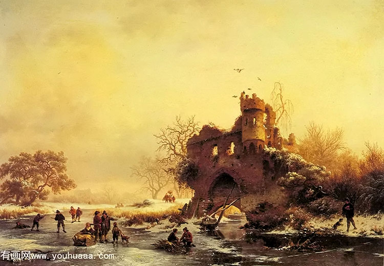 winter landscape with skaters on a frozen river beside castle ruins