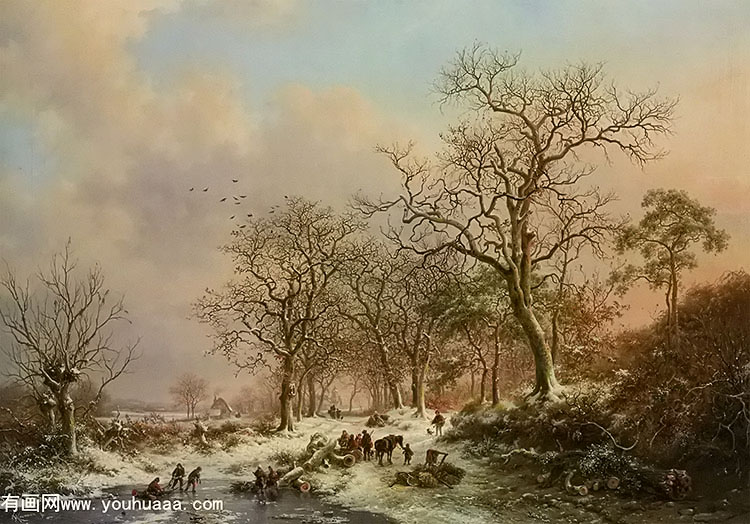 wood gatherers in a winter landscape with a castle beyond