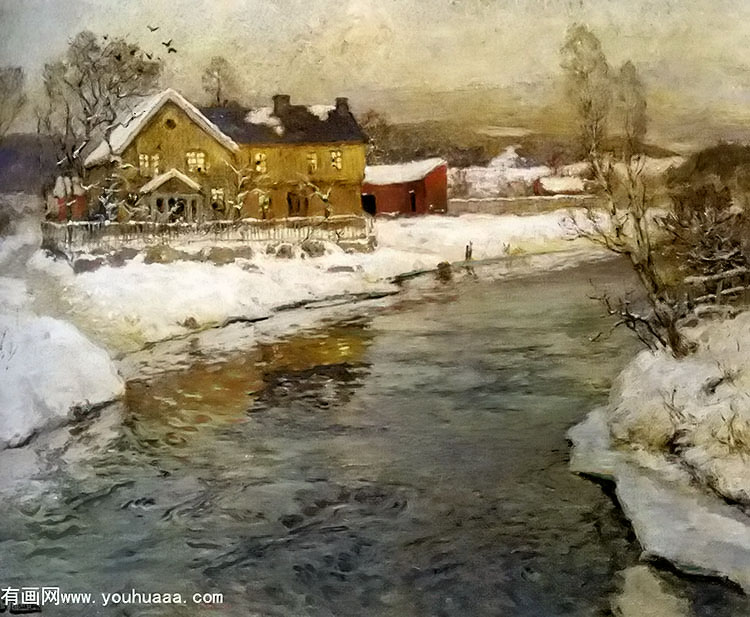 cottage by a canal in the snow