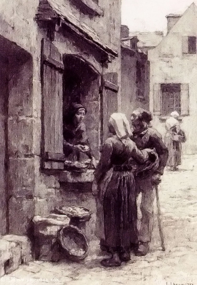 breton peasants buying fruit at landerneau