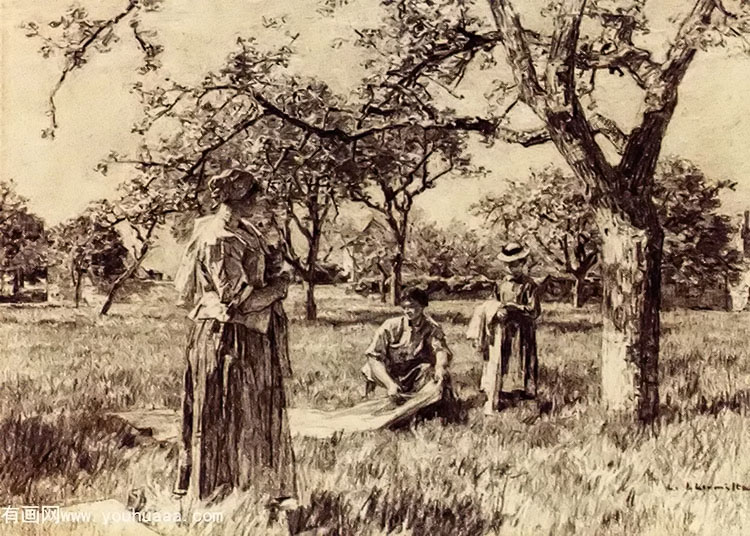 washerwomen setting the linens out to dry