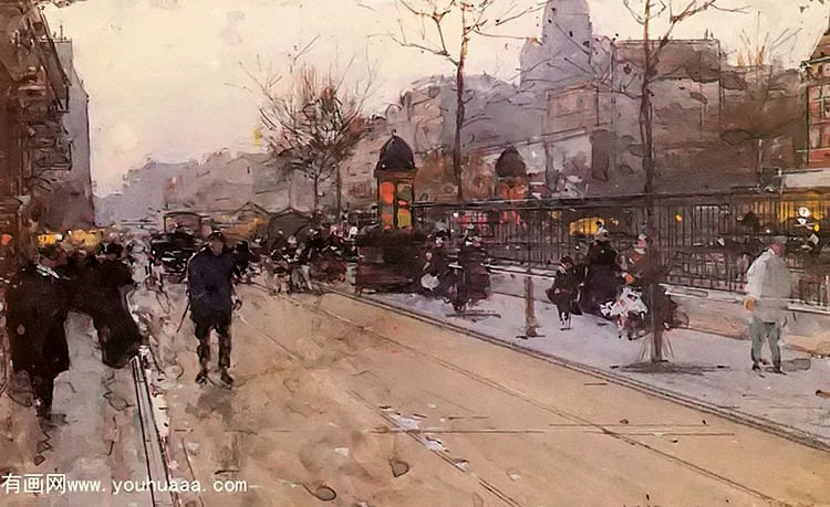 a parisian street scene with sacre coeur in the distance