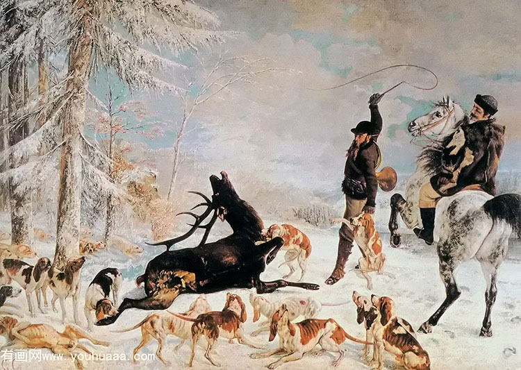 the deer kill or hunting scene in the snow