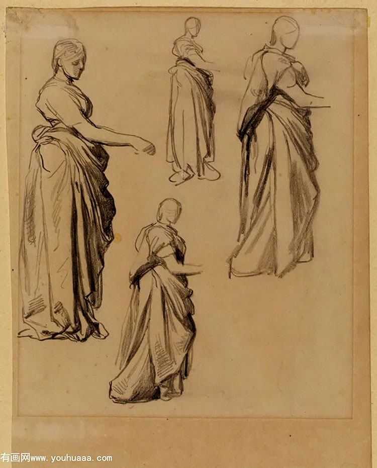 four studies of a draped female figure