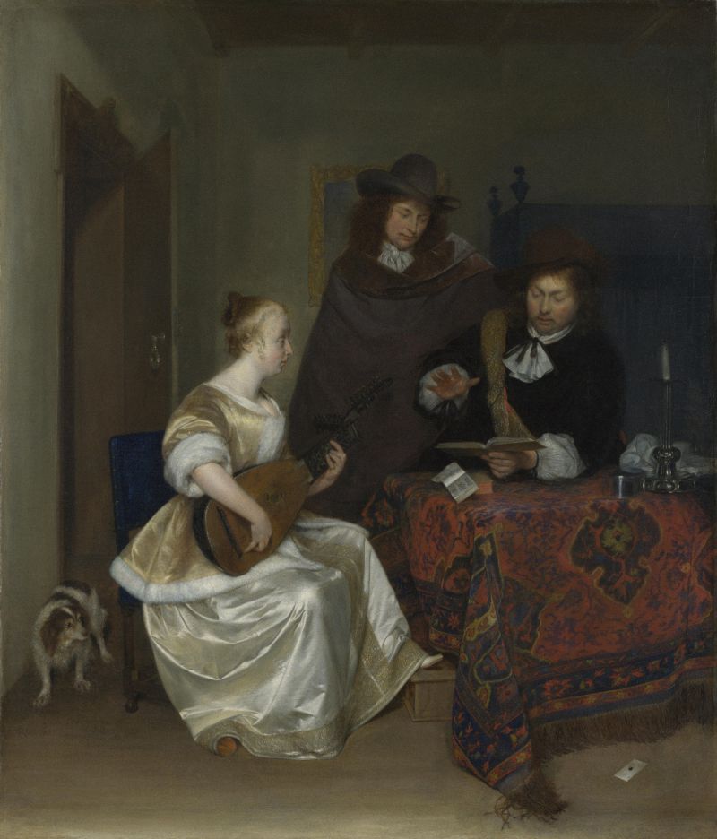 Ůӵ - a young woman playing a theorbo to two men